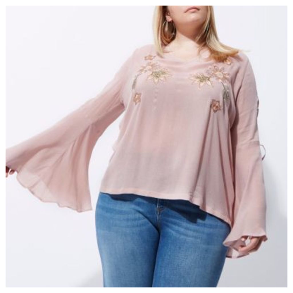 River Island Womens Plus Pink embroidered flared sleeve top
