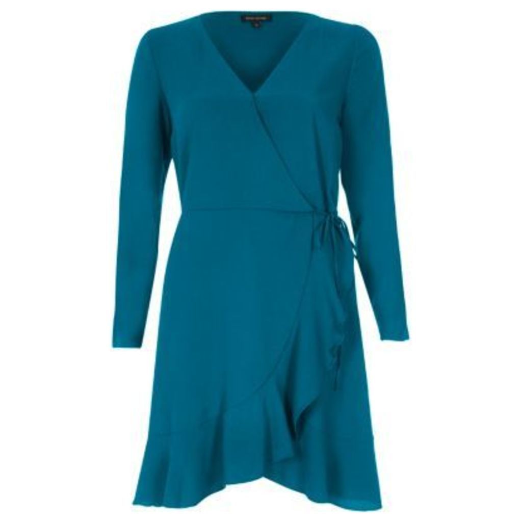 River Island Womens Green blue ruffle hem long sleeve wrap dress