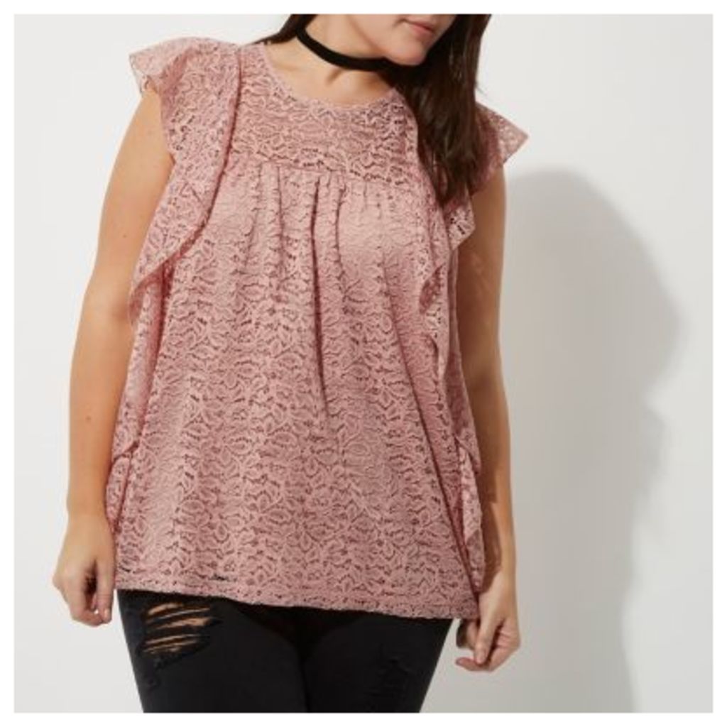 River Island Womens Plus light Pink lace frill front top