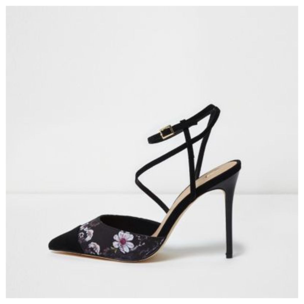 River Island Womens Black floral print strappy court shoes