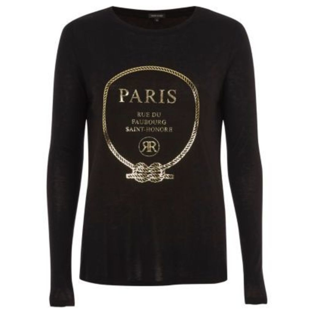 River Island Womens Black 'Paris' foil long sleeve T-shirt