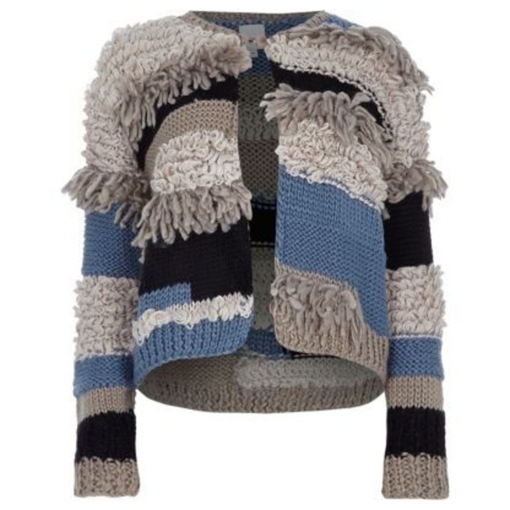 River Island Womens Cream and blue mixed knit fringe cardigan