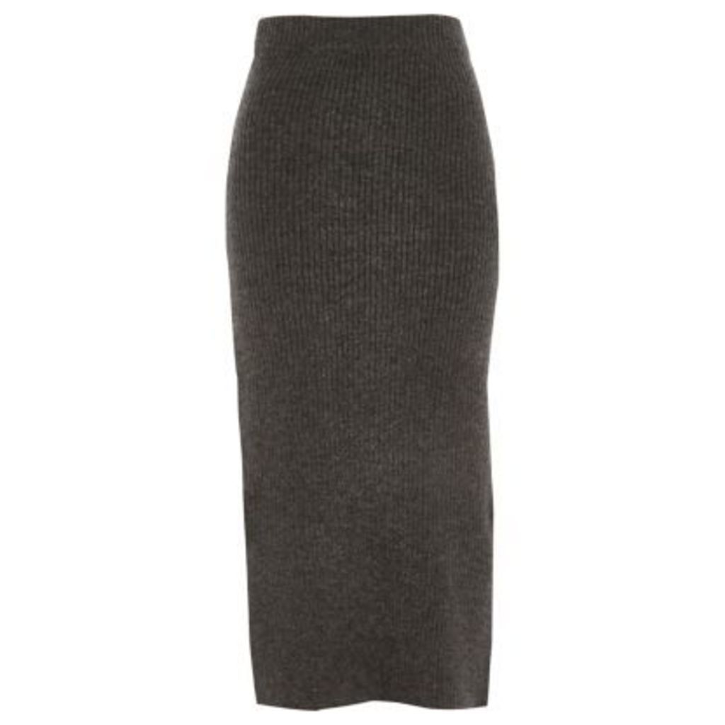 River Island Womens Grey ribbed knit midi skirt