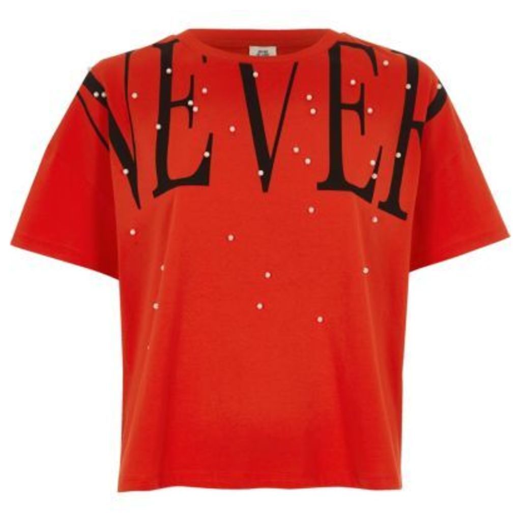 River Island Womens Red 'never' faux pearl embellished T-shirt