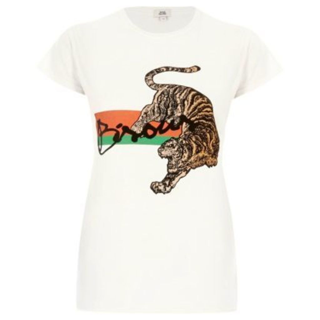 River Island Womens Cream 'bisous' tiger print fitted T-shirt
