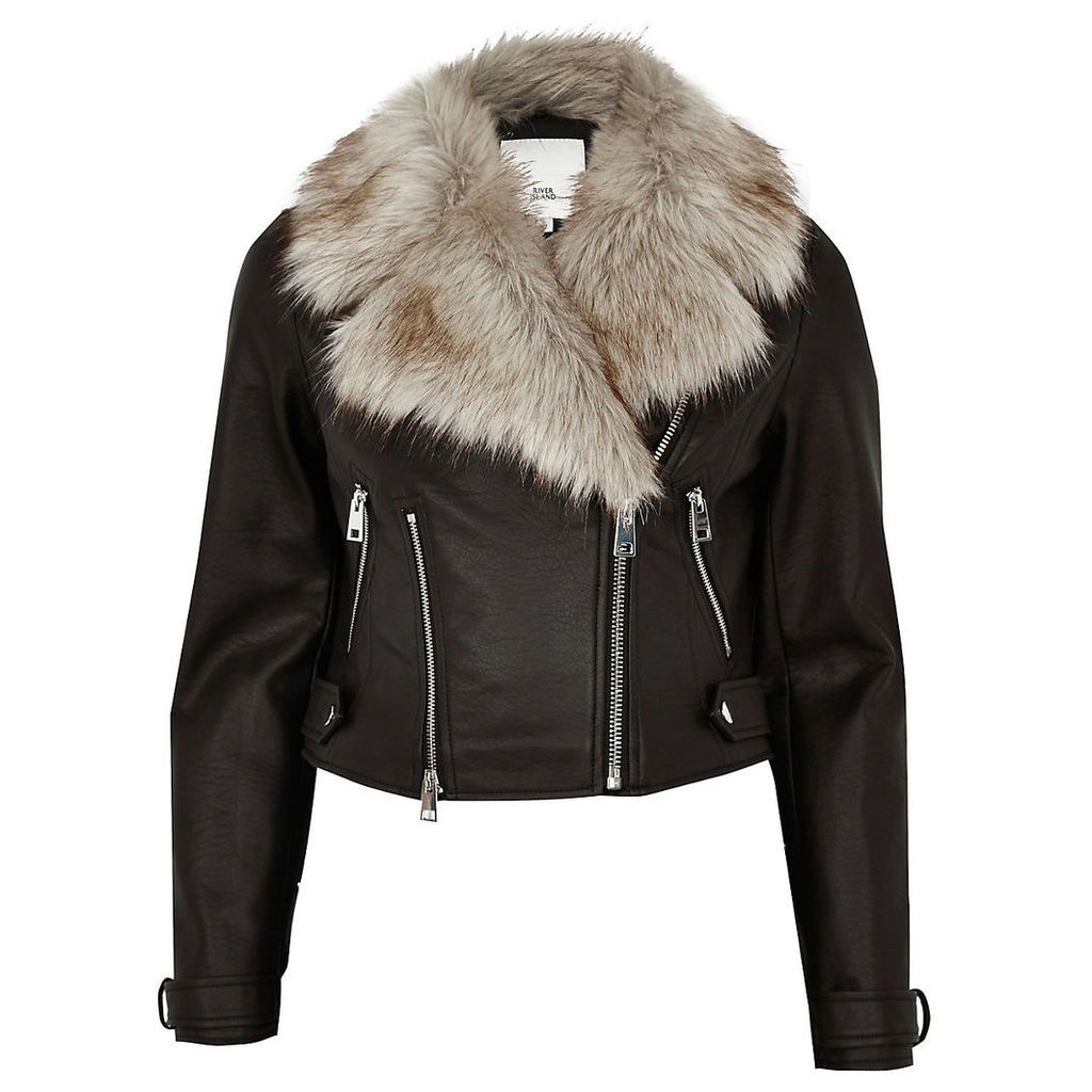 Womens Petite Black faux fur trim biker jacket
