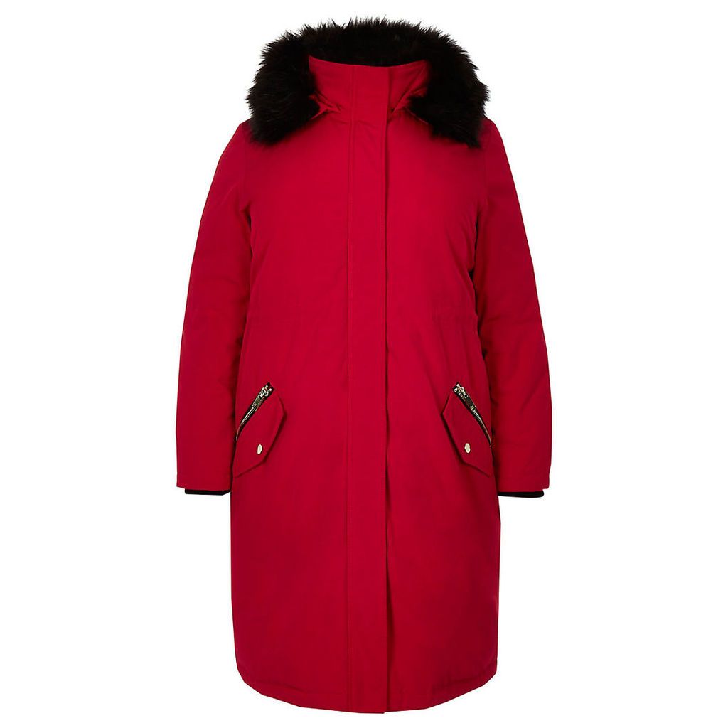 Womens Plus Red faux fur hooded parka