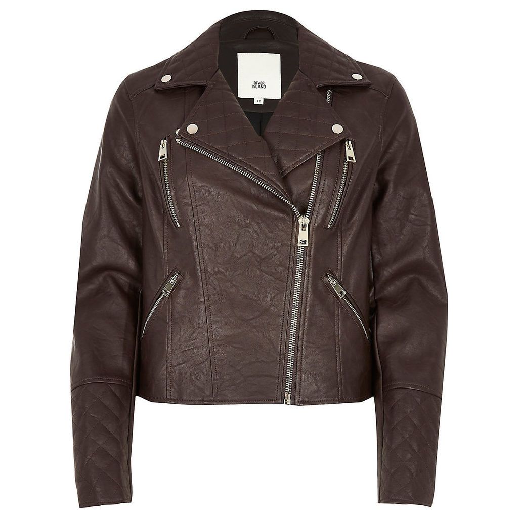 Womens Brown faux leather quilted biker jacket