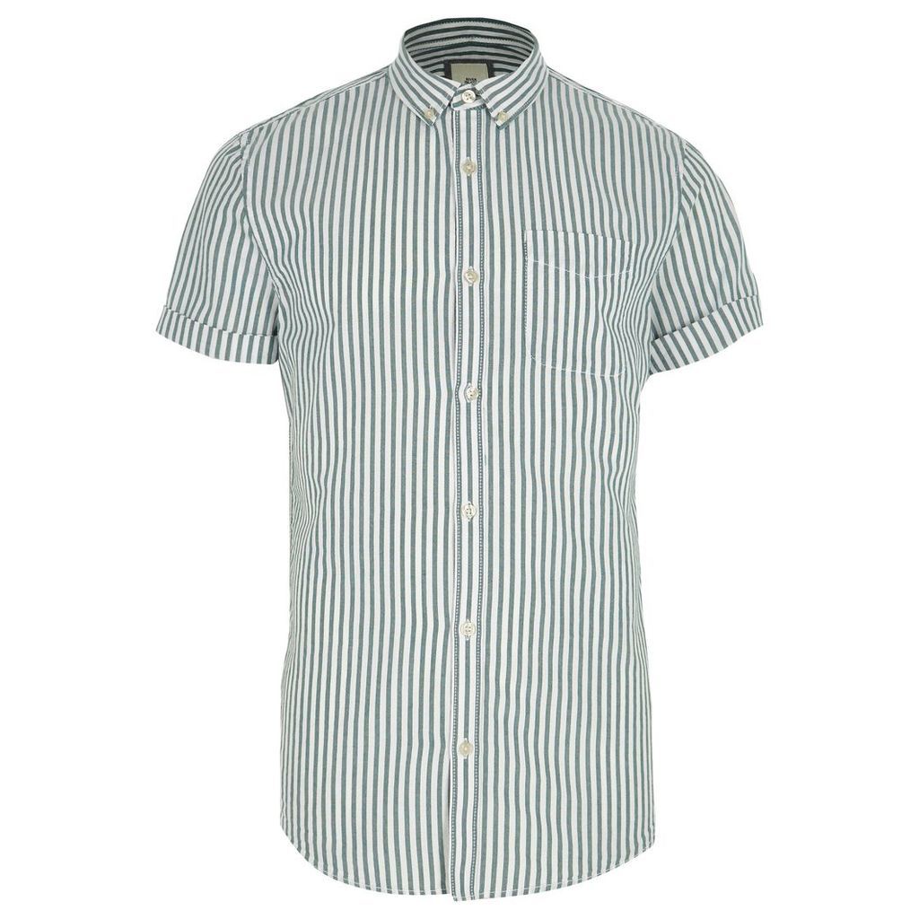Green stripe short sleeve slim Oxford shirt