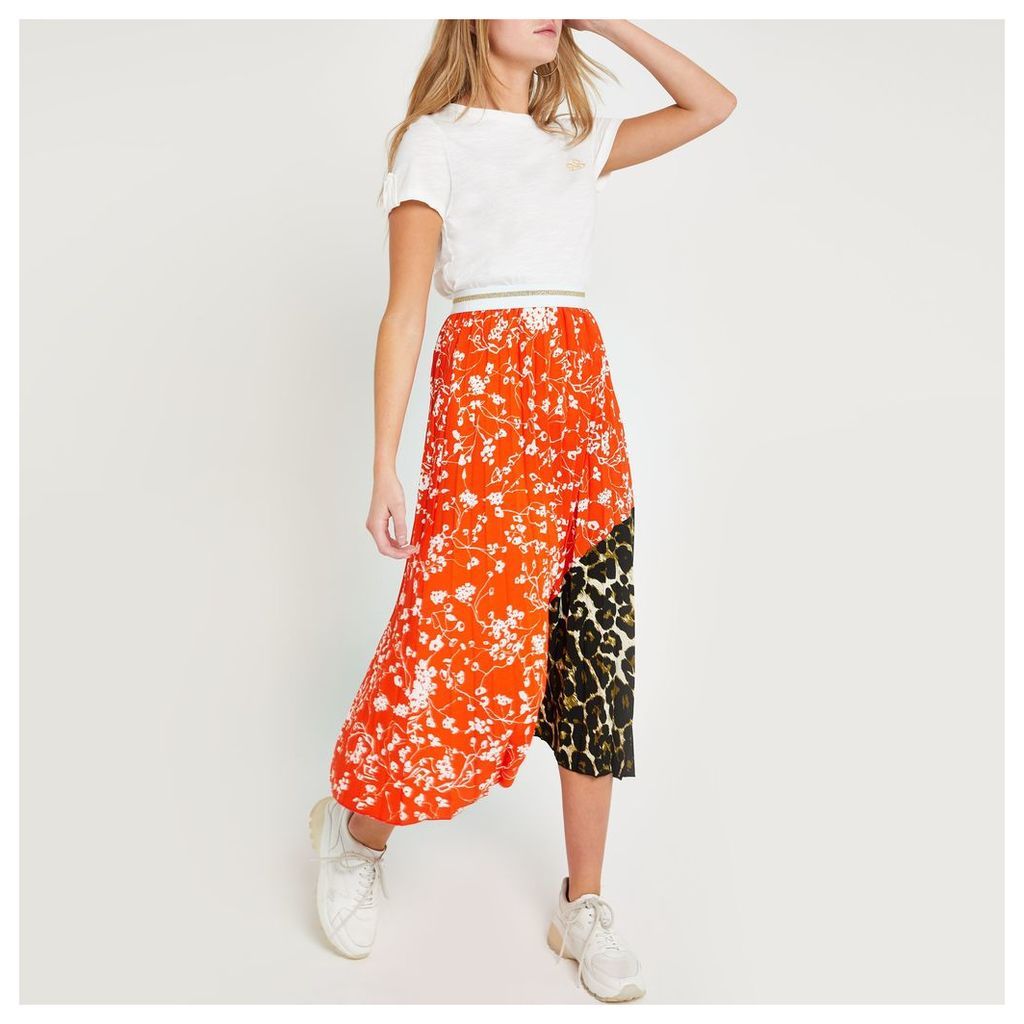 Womens Orange ditsy floral pleated midi skirt
