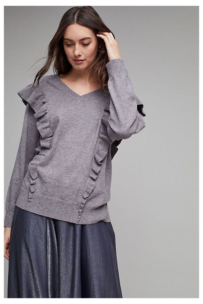 Cherrelle Frilled V-neck Sweater - Grey, Size S