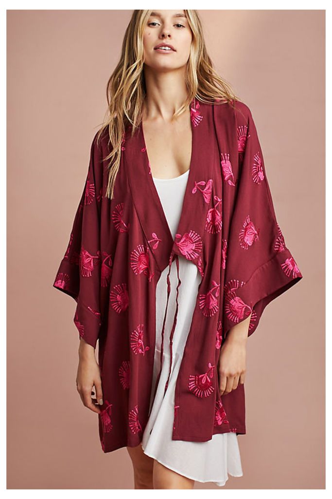 Jacqueline Embroidered Kimono Robe - Raspberry, Size Xs/tp