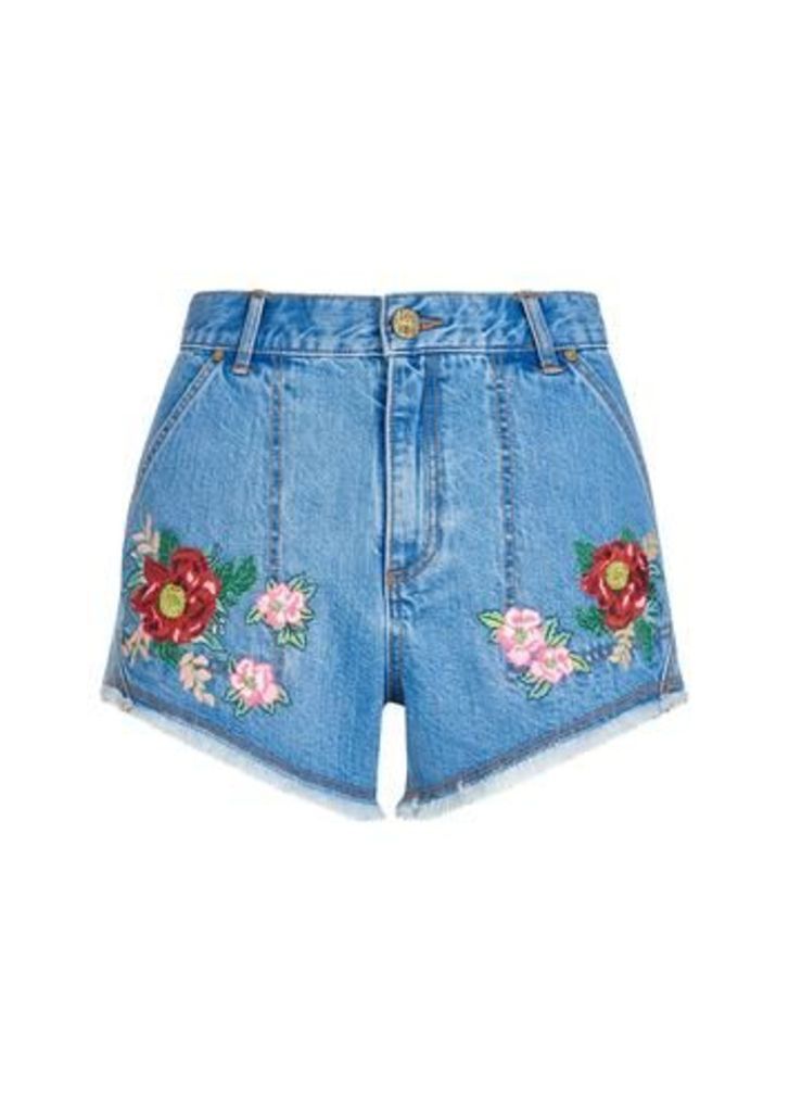 Embroidered Floral Denim Shorts