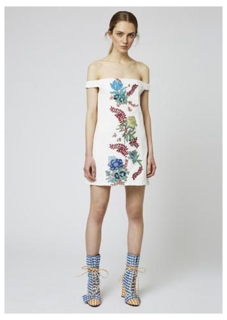 Floral Embroidered Cotton Drill Off Shoulder Dress