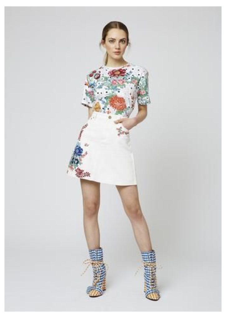 Floral Embroidered Cotton Drill Skirt