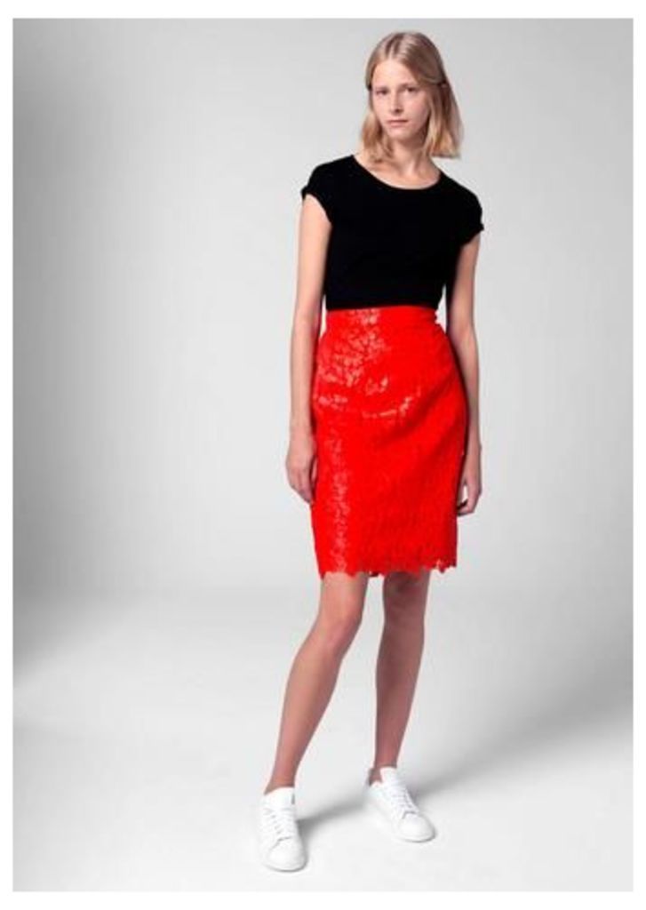 Lace Pencil Skirt/ Red