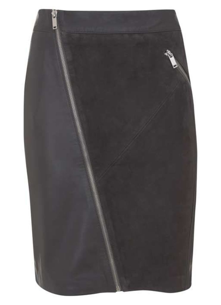 Smoke Leather & Suede Pencil Skirt