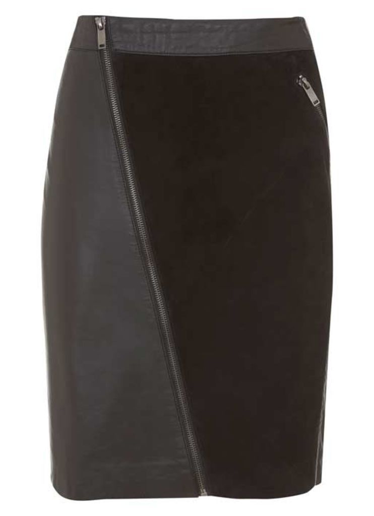 Black Leather & Suede Pencil Skirt
