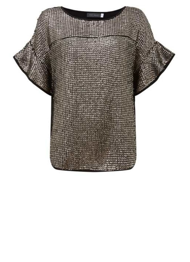 Taupe Frill Sleeve Sequin Tee