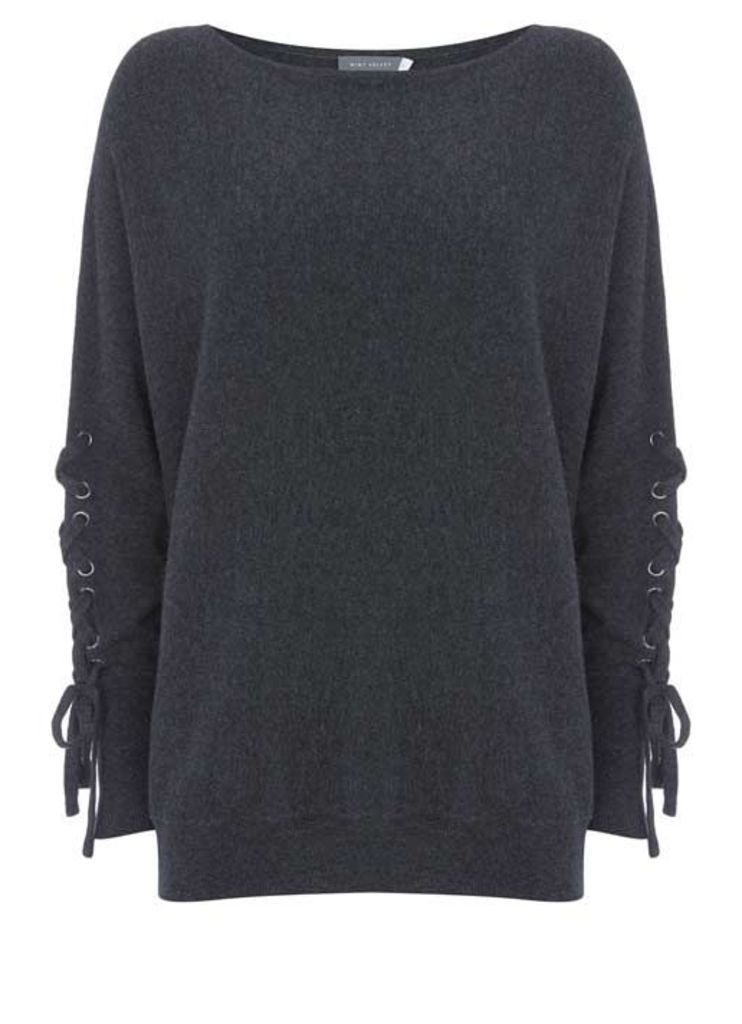 Charcoal Lace Up Batwing Knit