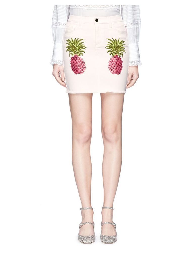 Pineapple print frayed denim mini skirt