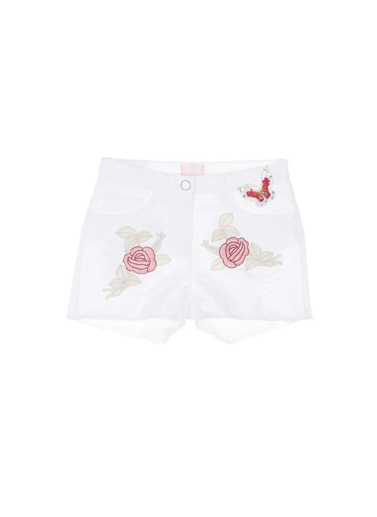 Beaded butterfly floral embroidered cutoff denim shorts