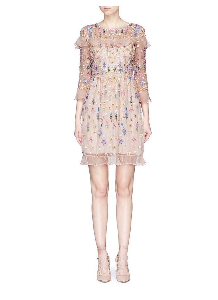 'Flowerbed' beaded floral embroidered tulle dress