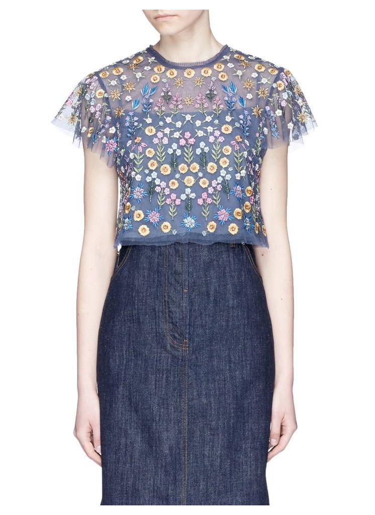 'Flowerbed' embroidered tulle cropped top