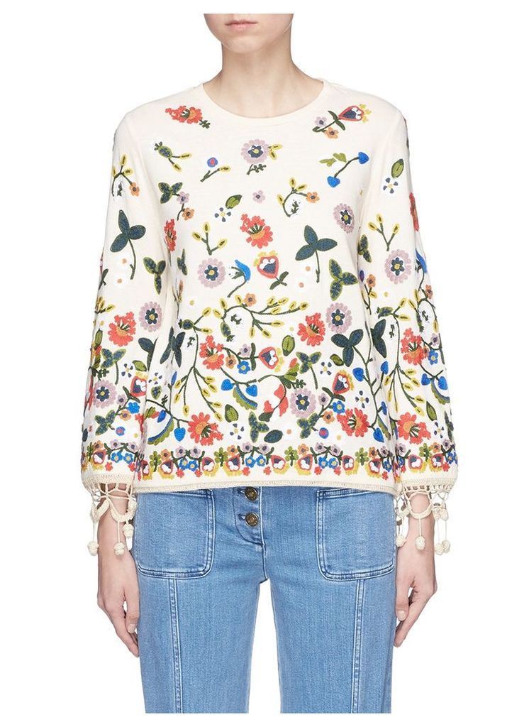 'Lenora' pompom cuff floral embroidered sweater