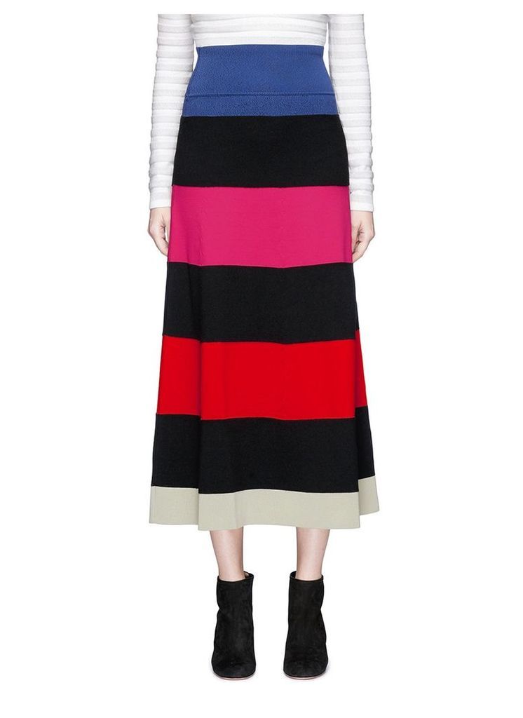Striped wool-blend mixed knit midi skirt