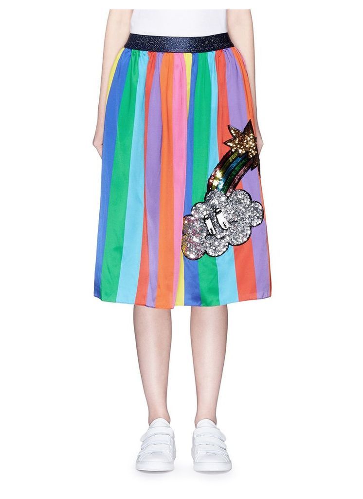 Sequin patch rainbow stripe satin midi skirt