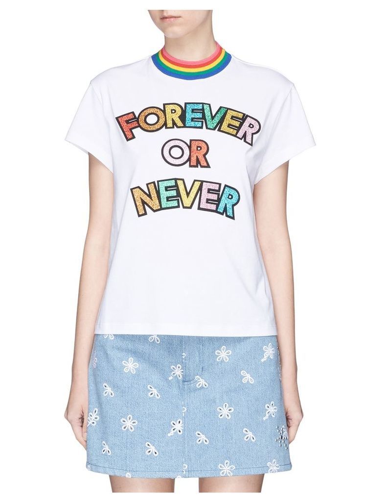 'FOREVER OR NEVER' slogan glitter appliquÃ© T-shirt