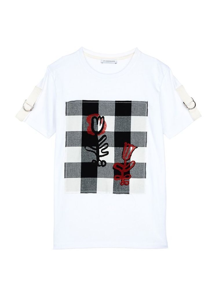 Graphic print gingham check patch unisex T-shirt