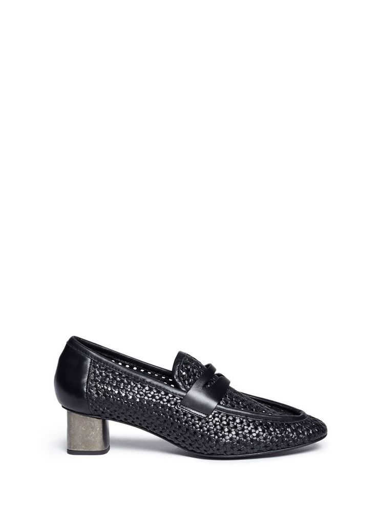 'Povain' cube heel woven leather penny loafer pumps