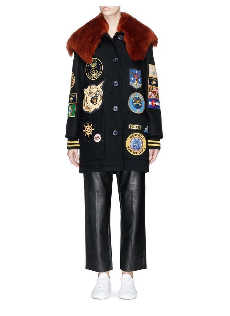 Detachable shearling collar military patch melton coat