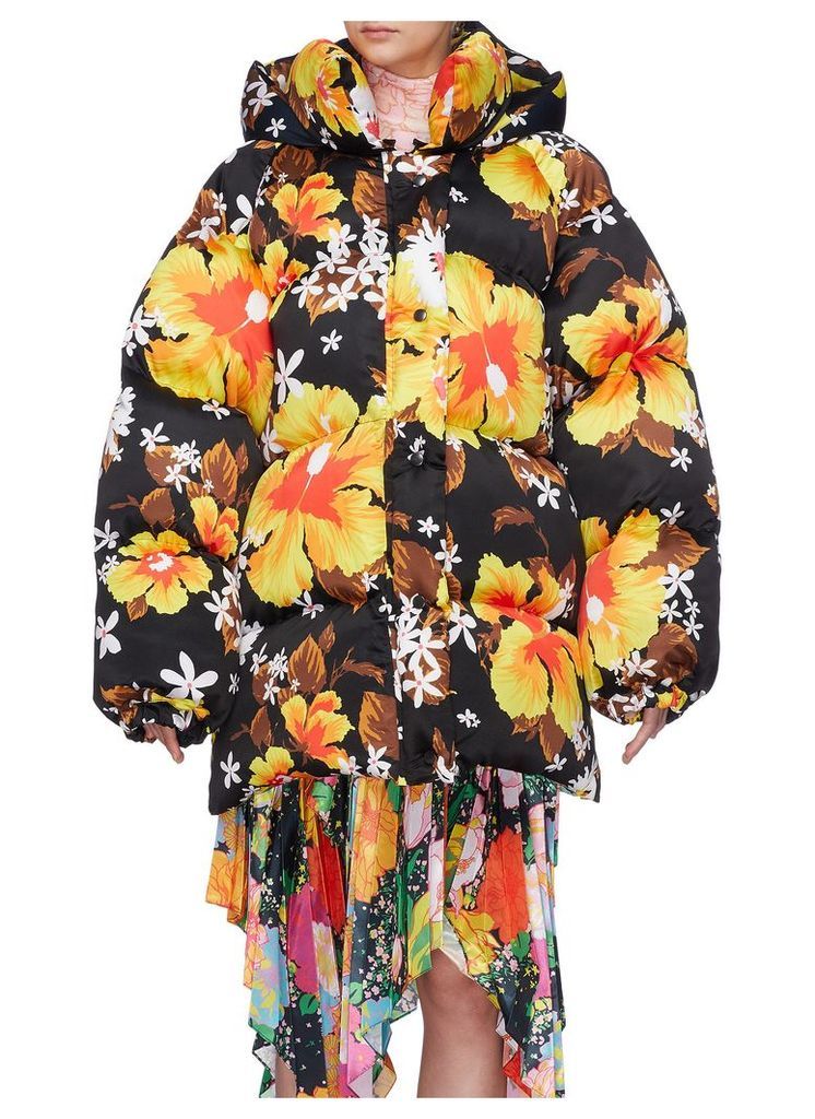 'Hawaii' floral print oversized hooded puffer jacket