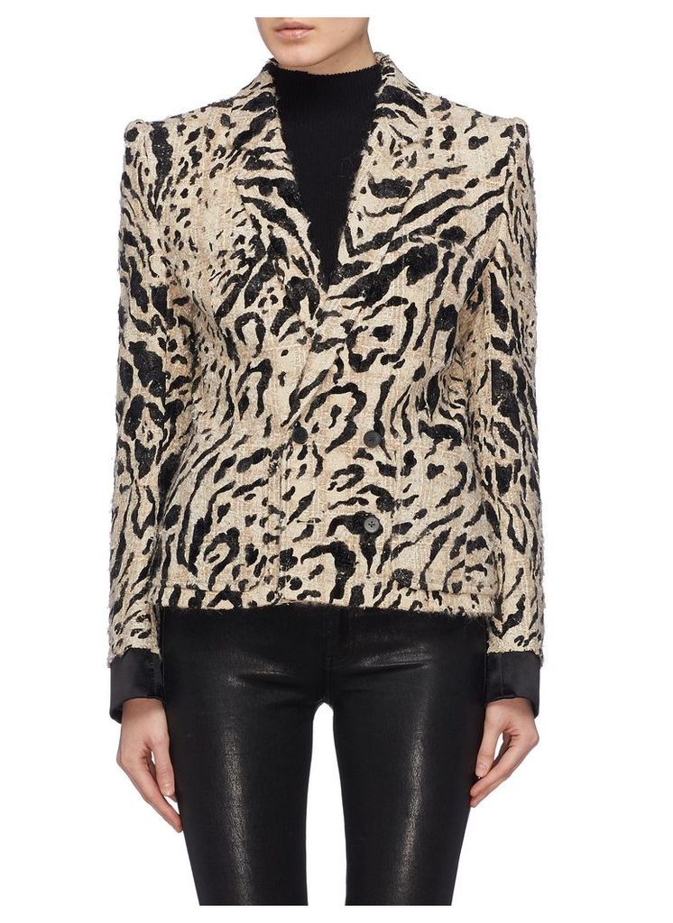 Leopard print double breasted cropped tweed jacket