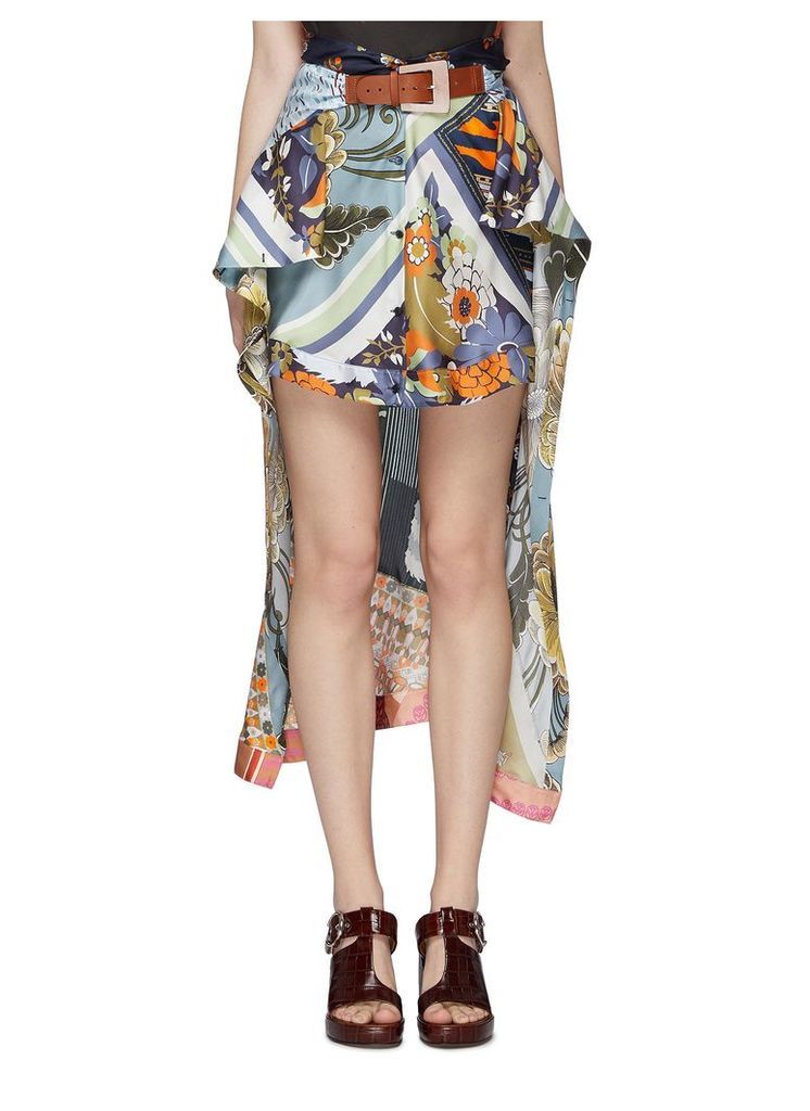 Buckled caravan print scarf patchwork silk high-low skirt
