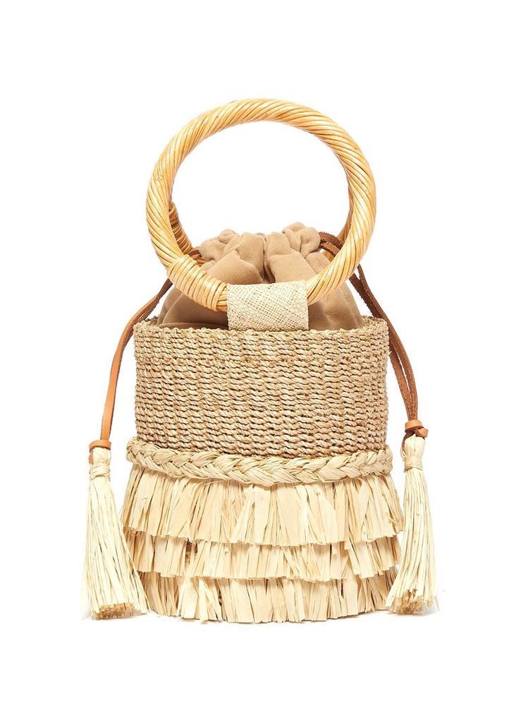 'Nona' raffia fringe straw bucket bag