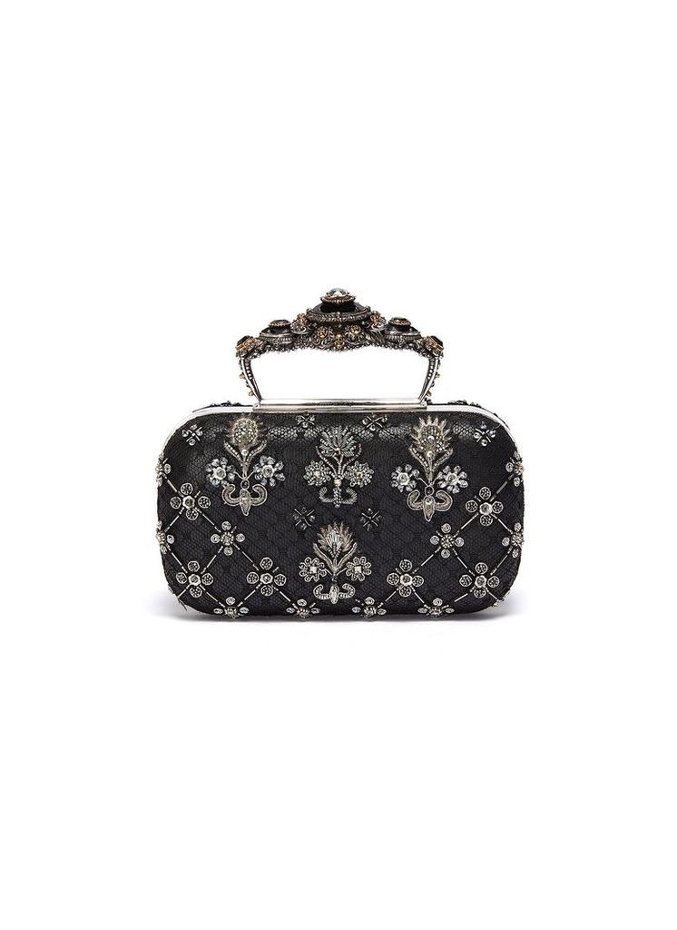 Baroque embellished lace overlay leather clutch