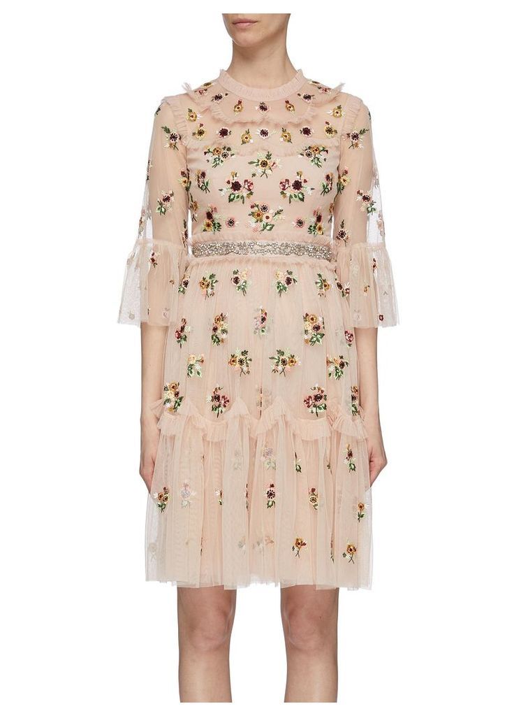 'Magdalena' ruffle yoke tiered floral embroidered tulle dress