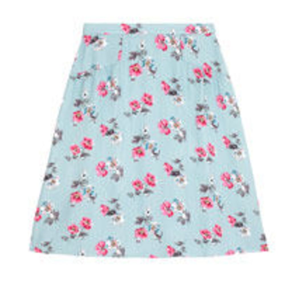 Cats and Flowers Viscose Twill Gathered Detail Skirt