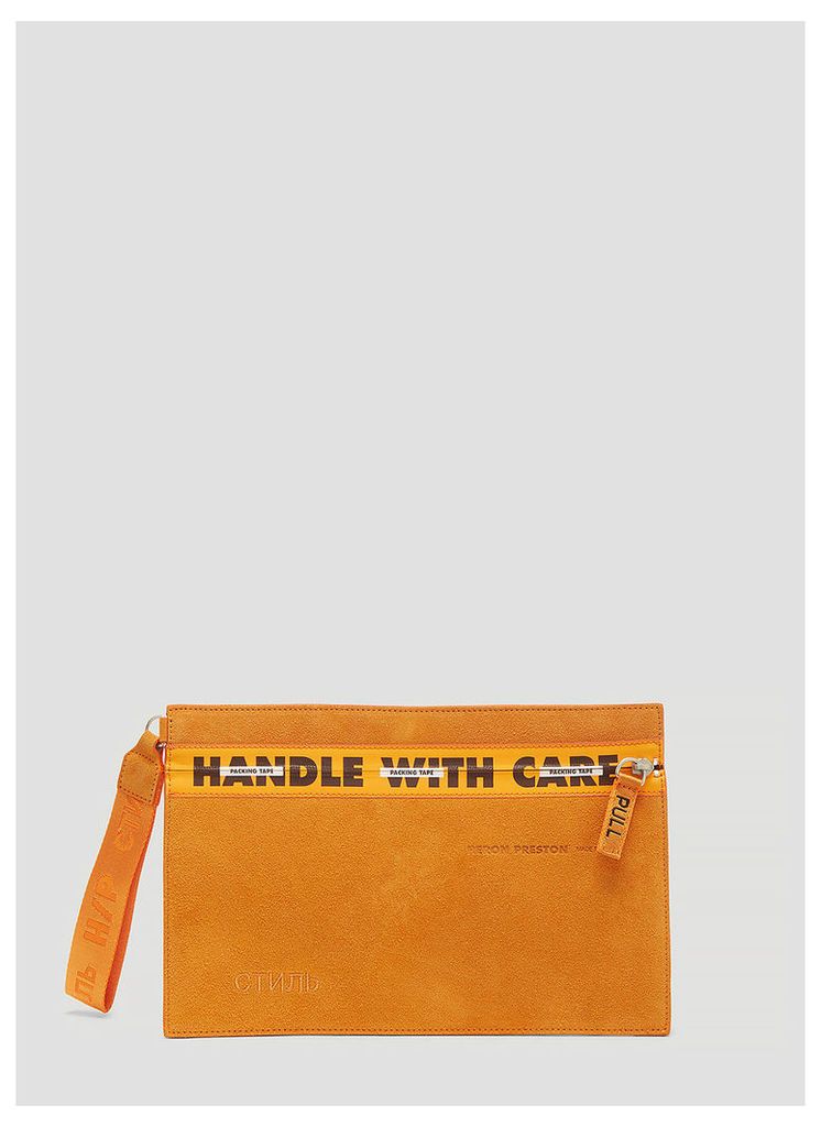 Heron Preston Suede Handle with Care Pouch in Orange size One Size