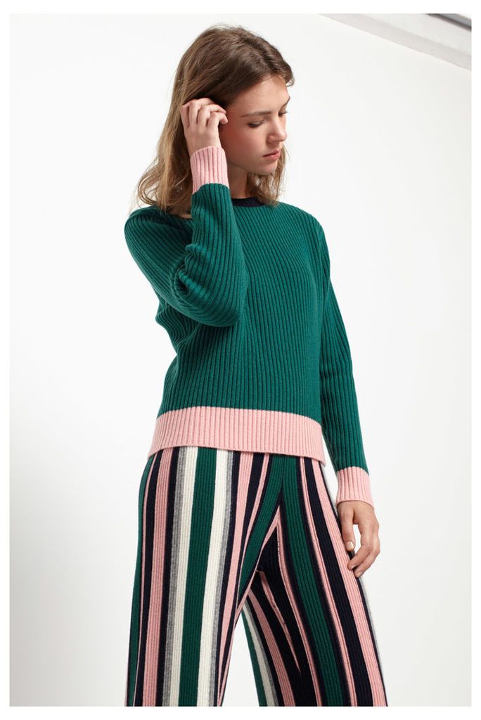 Green Ribbed Colour Block Sweater