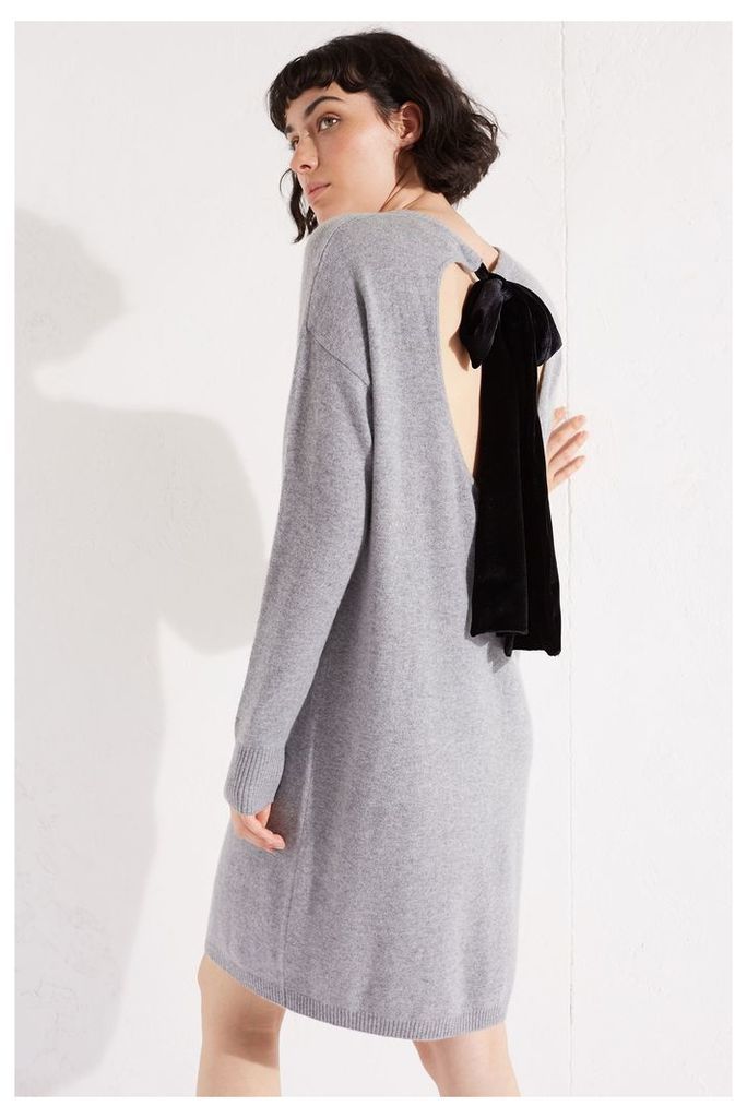 Grey Velvet Bow Cashmere Blend Sweater Dress