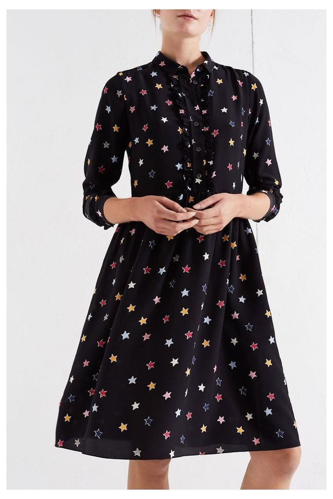 NEW Black Star Ruffle Silk Shirt Dress