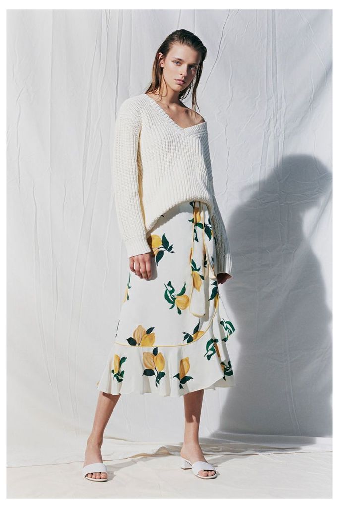 White Lemon Print Silk Wrap Skirt