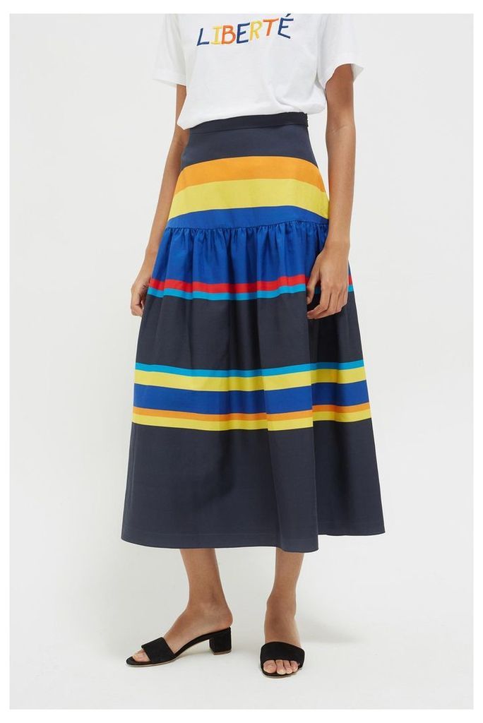 Navy Sunset Stripe Cotton-Silk Midi Skirt