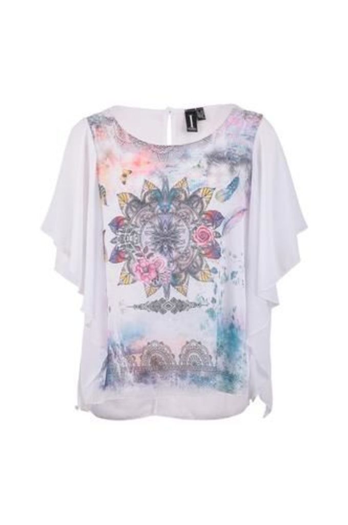 Batwing Frill Ethnic Print Top