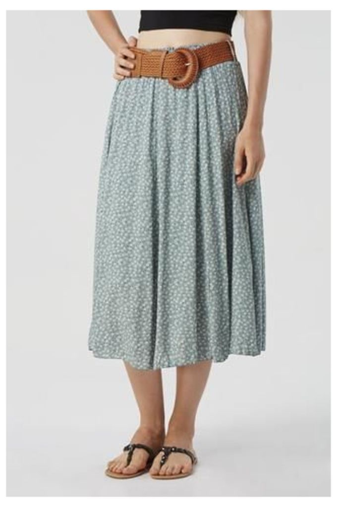 Ditsy Print Skirt with Wide Belt